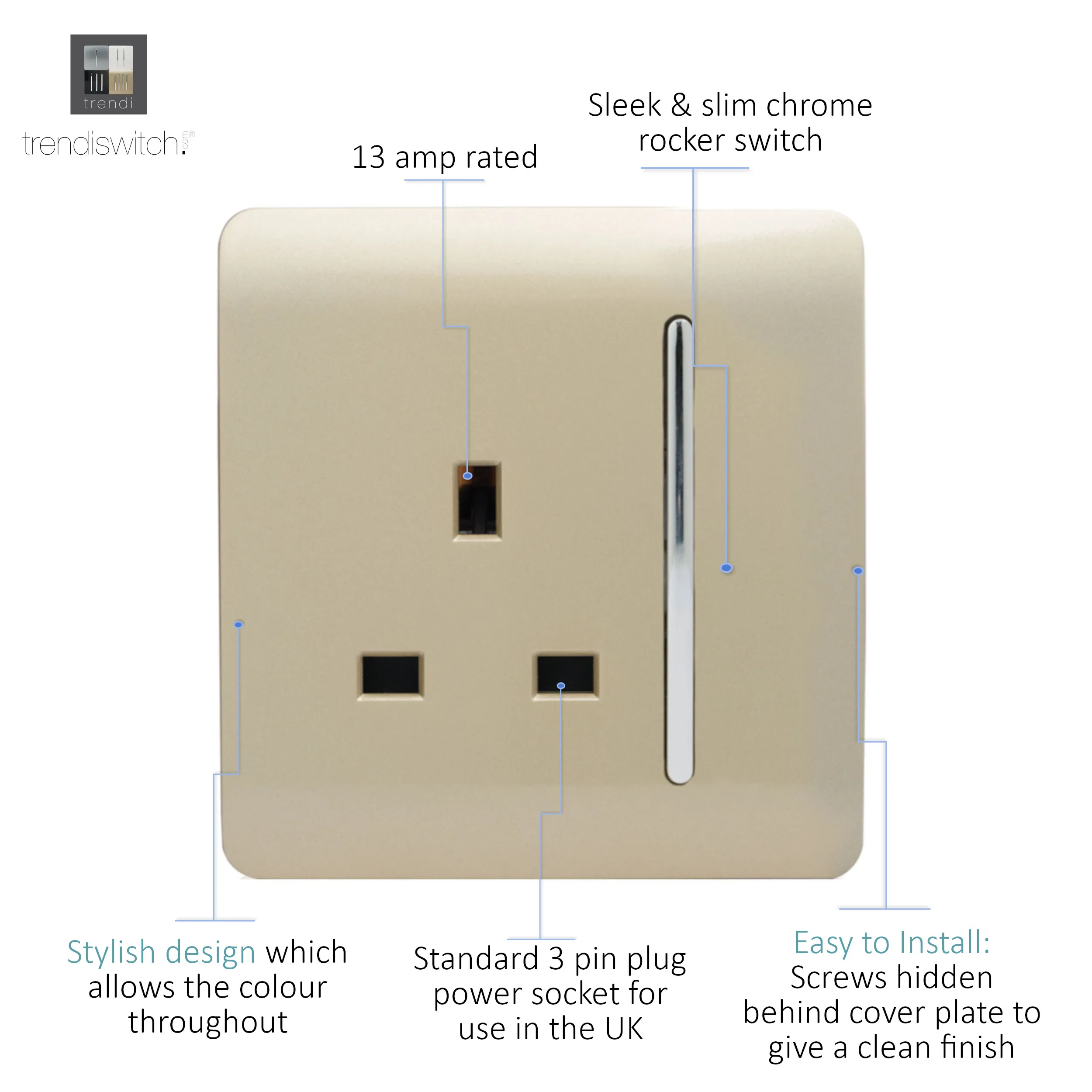 1 Gang 13Amp Switched Single Socket Champagne Gold ART-SKT13GO  Trendi Champagne Gold